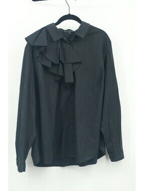 ELOQUII Studio Plus Size 20 Shirt Black Ruffle Long Sleeve Button-Up Blouse Top